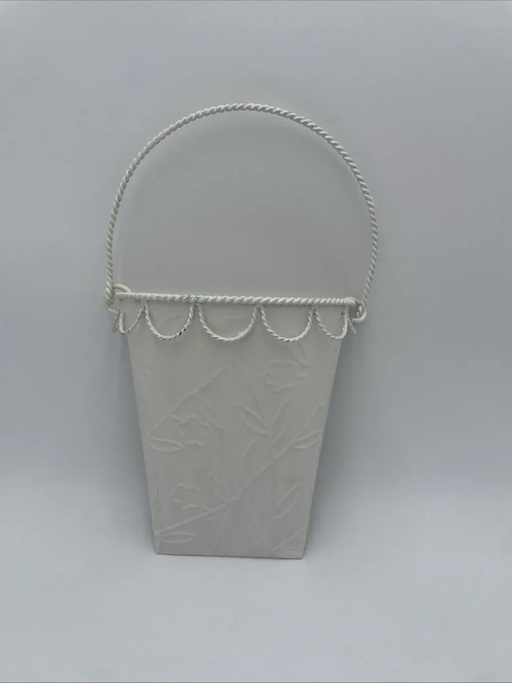 Vintage Style Wall Pocket Hanging Half Bucket Embossed Shabby White Flowers